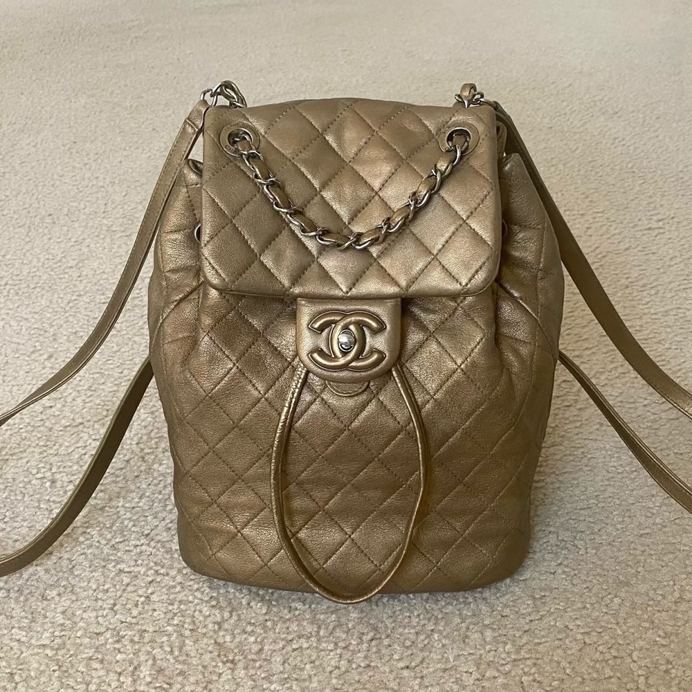 Chanel bronze gold covered CC flap backpack